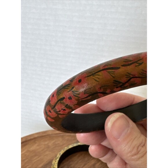 Vintage Set 2 Tree Of Life And 2 Birds Flowers Painted Wood Bangle Bracelets - Picture 12 of 16